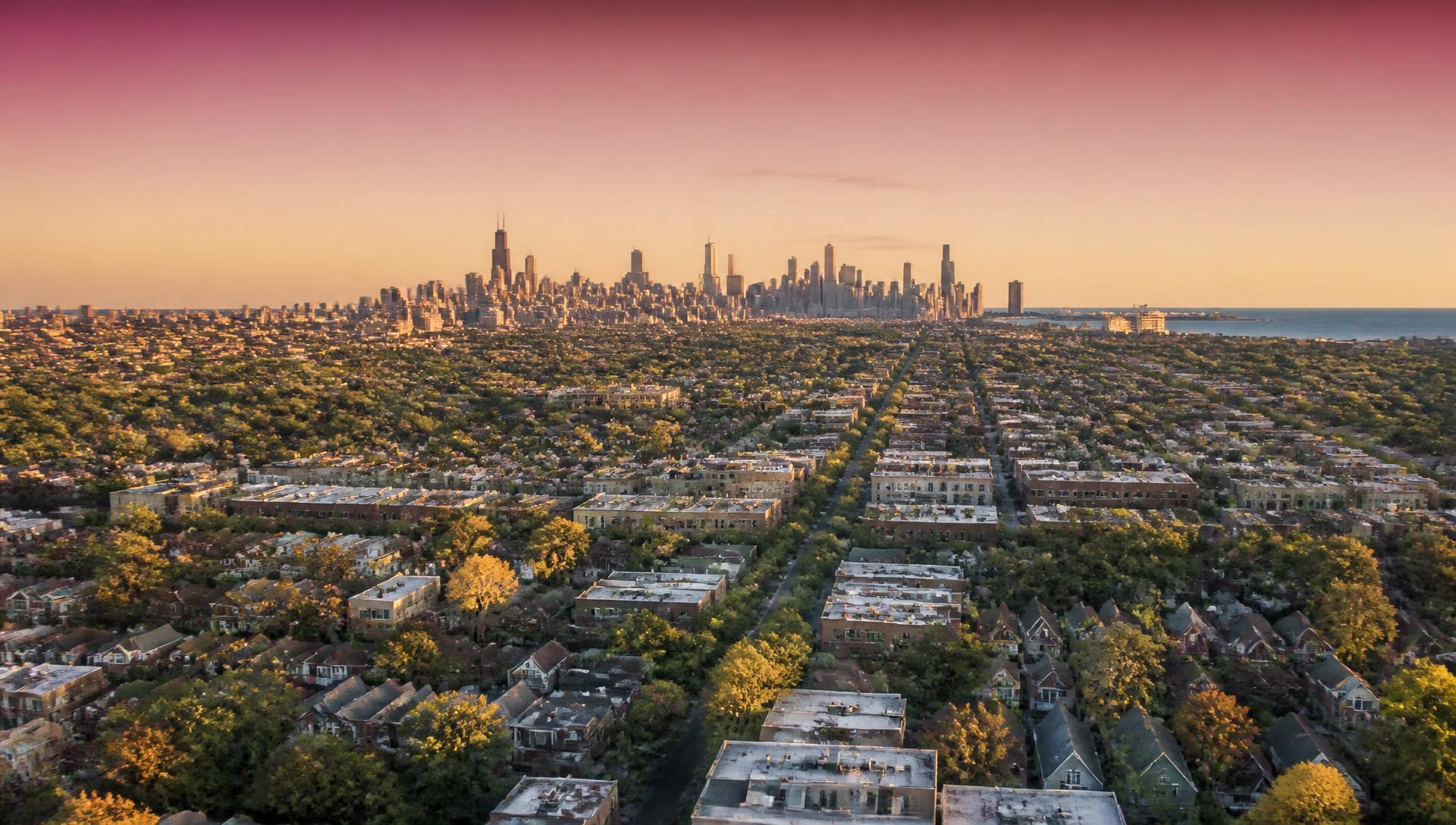 Aerial view of the greater Chicago metropolitan area